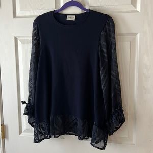 Wrap London Navy Wool Top with Sheer Silk Blend Sleeves and Ruffle Hem, Sz 10